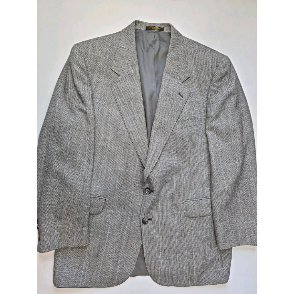 Evan Picone Mens Vintage Sports Coat 44R Gray Check Wool Blazer Made in USA